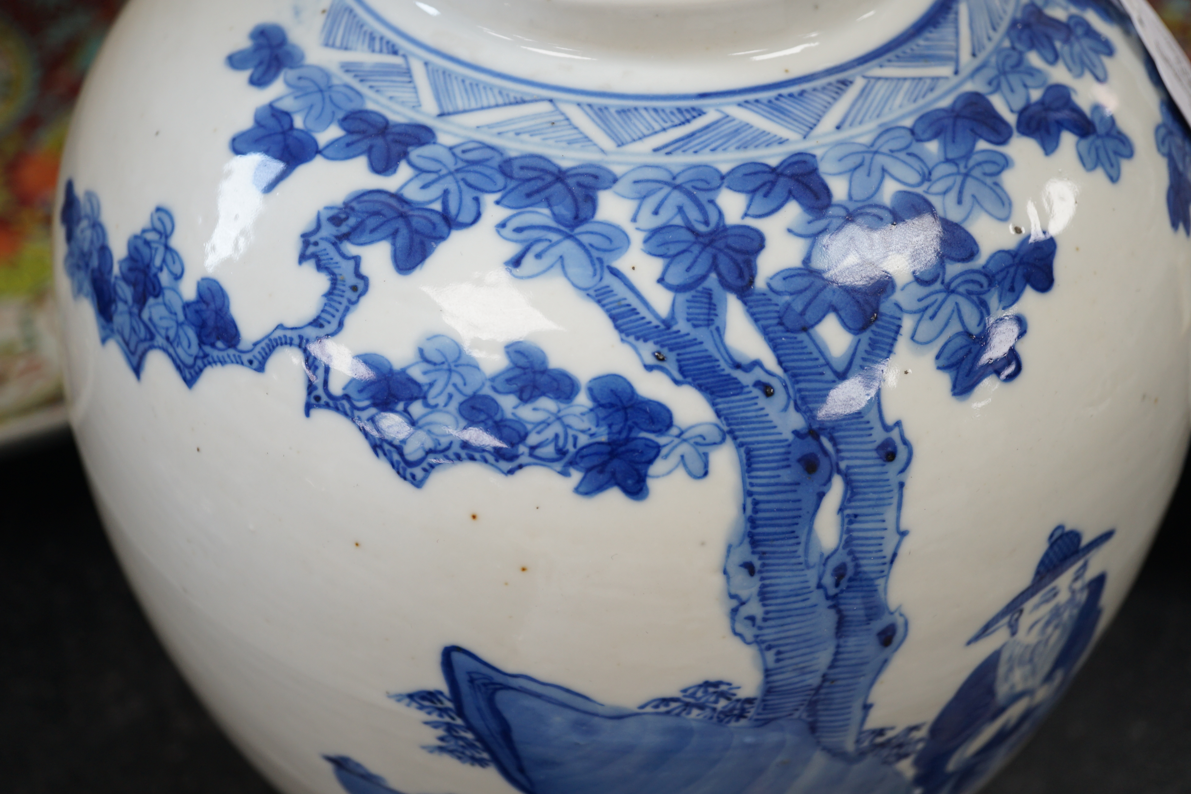 A large Chinese blue and white ‘Romance of the Western chamber’ ovoid jar and cover, Kangxi mark, but late 19th century